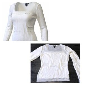 Yuli White Deconstructed Mixed Media Knit Mesh Square Neck Top Small